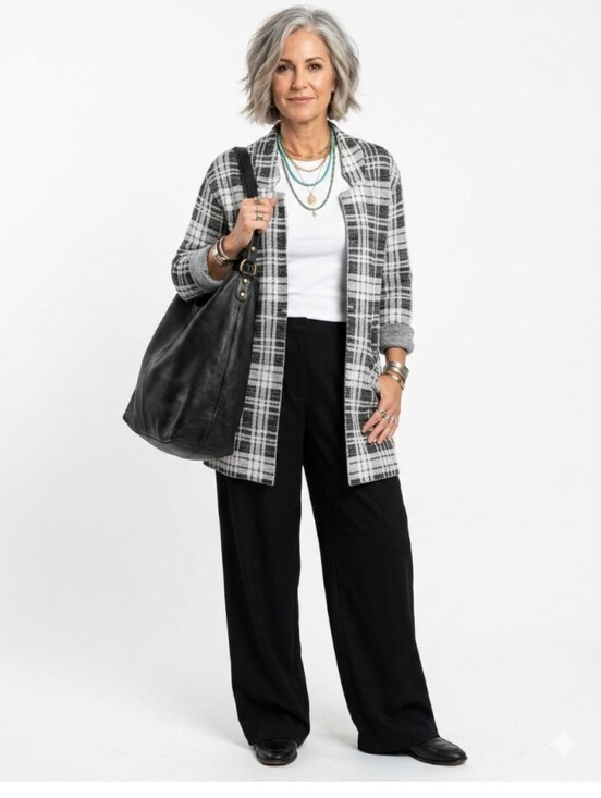 Sweaters - Black and White Plaid Sweater Blazer